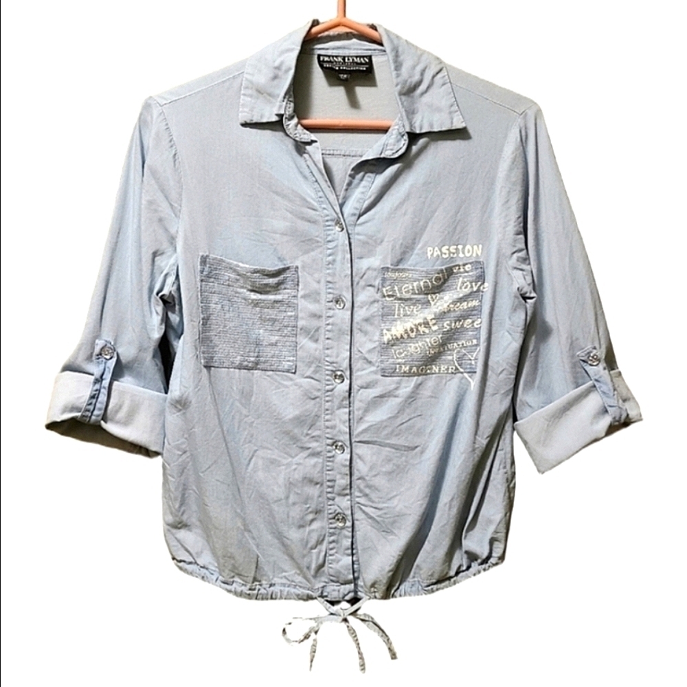 Frank Lyman Sequin Amore Denim Chambray Button Down Shirt Light Wash Size Small